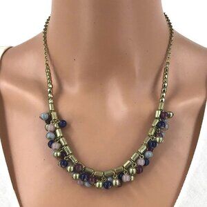Taramanda Necklace Multi color Beaded Fringe Gold Tone Chain Adjustable Length